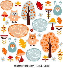Cute colorful seamless forest vector pattern with animals hare and owl