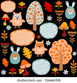 Cute colorful seamless forest vector pattern with animals hare and owl