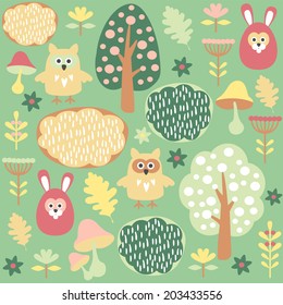 Cute colorful seamless forest vector pattern with animals hare and owl