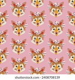 Cute colorful seamless pattern, background, fox header. Vector illustration, design