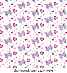 Patrón suave, suave y colorido, con mariposas y corazones sobre fondo blanco. 