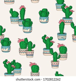 Cute colorful seamless pattern with cactuses. Vector.
