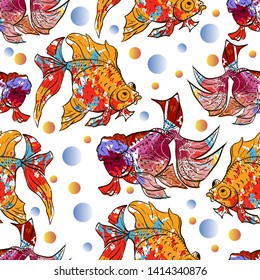 Cute colorful seamless pattern with calico goldfish and lionhead goldfish over white background for textile or book covers, manufacturing, wallpapers, print, gift wrap and scrapbooking.