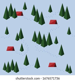 Cute colorful seamless pattern with camp tents, pine trees, and trails on the snow.