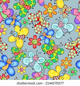 A cute colorful seamless pattern with cartoon butterflies and happy flowers.
