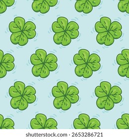 Cute and colorful seamless pattern of clovers in a cartoon style on pastel blue background. Perfect for St. Patrick’s Day, decorations, and kids' designs.