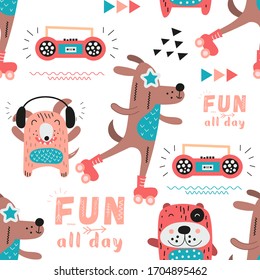 Cute colorful seamless pattern with cool dogs and music theme. Vector Illustration. Kids illustration for nursery art. The print is perfect for baby clothes, greeting card, wrapping paper.