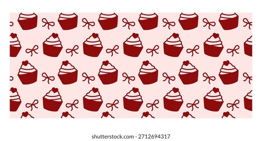 Cute colorful seamless pattern of cupcakes perfect for Valentine sweets, romantic decor, and celebration items.