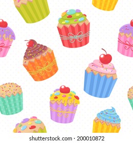Cute colorful seamless pattern with delicious muffins and cupcakes