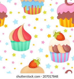 Cute colorful seamless pattern with delicious muffins and cupcakes