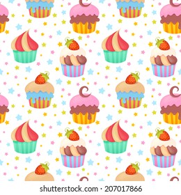 Cute colorful seamless pattern with delicious muffins and cupcakes