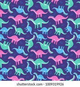 Cute colorful seamless pattern with dinosaurs on blue background. Bright background for kids. Vector illustration for textile manufacturing, notebooks etc