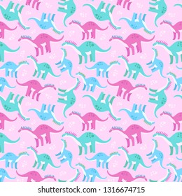 Cute colorful seamless pattern with dinosaurs on pink background. Bright background for kids. Vector illustration for textile manufacturing, notebooks etc