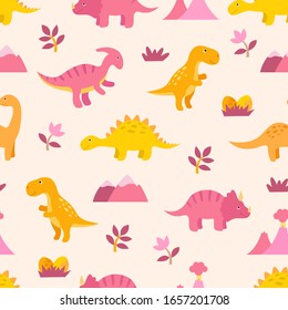 Cute colorful seamless pattern with dinosaurs. Bright background for kids. Vector illustration for textile manufacturing, notebooks etc