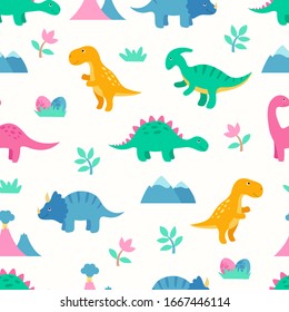 Cute colorful seamless pattern with dinosaurs. Bright background for kids. Vector illustration for textile manufacturing, notebooks etc