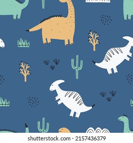 Cute colorful seamless pattern with dinosaurs. Bright background for kids. Vector illustration for textile manufacturing, notebooks etc