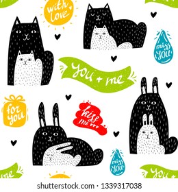 Cute colorful seamless pattern with doodle animals and positive messages isolated on white background. Vector endless wallpaper in modern scandinavian style.