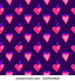 Cute colorful seamless pattern with doodle heart shaped strawberries and peaches.