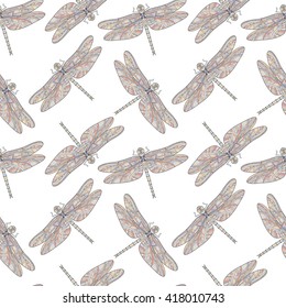 Cute colorful seamless pattern with dragonflies. Dragonfly nature wallpaper. Gentle wrapping paper. Insects and bugs decoration, texture for card, invitation, wedding, surface. Vector background.