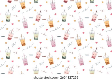 Cute colorful seamless pattern with funny kawaii bubble tea. Vector illustration