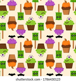 Cute colorful seamless pattern with halloween cupcakes and lolipops