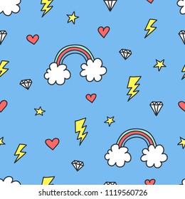 Cute colorful seamless pattern of hand drawn doodle elements on blue sky background. Rainbow, stars, lightnings, hearts, clouds, diamonds pattern. Vector illustration