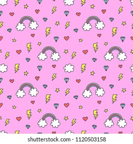 Cute colorful seamless pattern of hand drawn doodle elements on pink background. Rainbow, stars, lightnings, hearts, clouds, diamonds pattern. Vector illustration