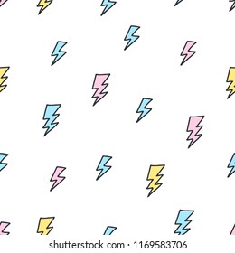 Cute colorful seamless pattern of hand drawn doodle lightning elements on white background. Vector illustration