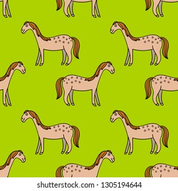 Cute colorful seamless pattern with hand drawn smiling horse with thin line contour isolated on green background. Vector illustration.