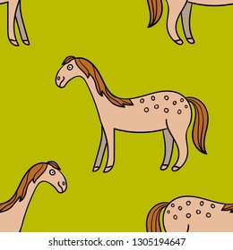 Cute colorful seamless pattern with hand drawn smiling horse with thin line contour isolated on green background. Vector illustration.