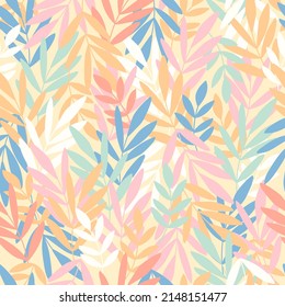Cute colorful seamless pattern with hand drawn leaves and branches. Botanical vector background. Simple trendy floral print for fabric, wallpaper, stationery, wrapping paper