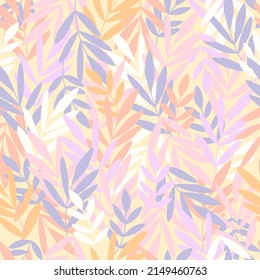 Patrón transparente y colorido con hojas y ramas dibujadas a mano. Fondo del vector botánico. Impresión floral simple de moda para tela, papel pintado, papel de escritorio, papel de embalaje