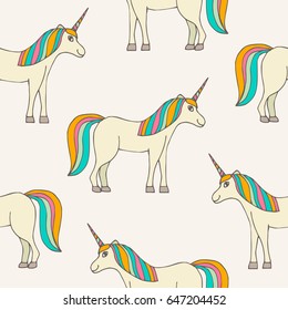 Cute colorful seamless pattern with hand drawn full-length smiling unicorn in profile with thin line contour isolated on pastel background. Vector illustration.