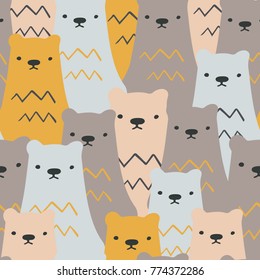 Cute colorful seamless pattern with hand drawn bears family. Background for kids, wallpaper backdrop. Scandinavian style. Vector illustration 