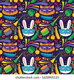 Cute colorful seamless pattern mardi gras carnival cats and bunny illustration