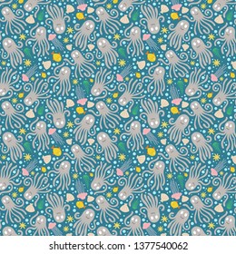 Cute colorful seamless pattern with ocean creatures and plants