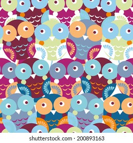 Cute colorful seamless pattern with owl. Blue, pink, purple, orange background. Vector