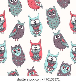 Cute colorful seamless pattern with owl.