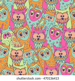 Cute colorful seamless pattern with owl.