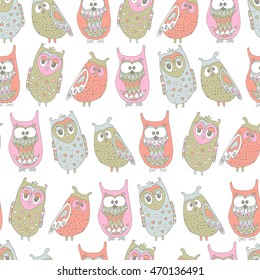 Cute colorful seamless pattern with owl.