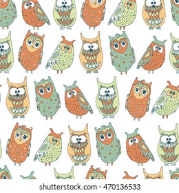 Cute colorful seamless pattern with owl.