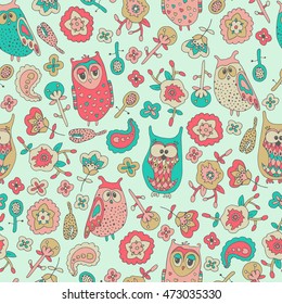 Cute colorful seamless pattern with owl.