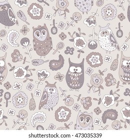 Cute colorful seamless pattern with owl.
