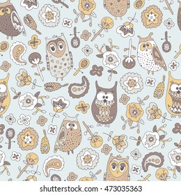 Cute colorful seamless pattern with owl.