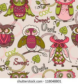 Cute colorful seamless pattern with owls and words