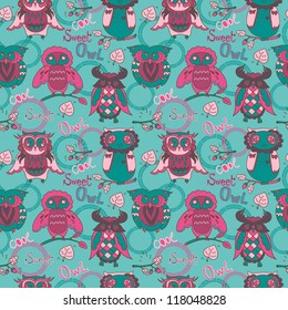 Cute colorful seamless pattern with owls and words