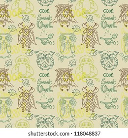 Cute colorful seamless pattern with owls and words