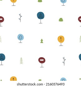 Cute, colorful seamless pattern with road signs and traffic lights on a white background. The illustration in hand drawn style for children's room design, Wallpaper, textile. Vector