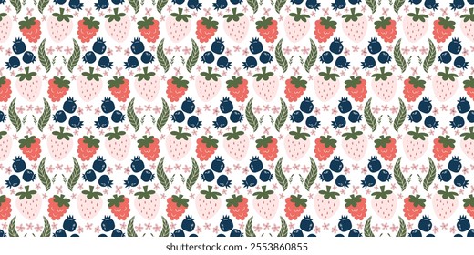 Cute and colorful seamless pattern with strawberries, blueberries, and pink flowers, perfect for summery designs