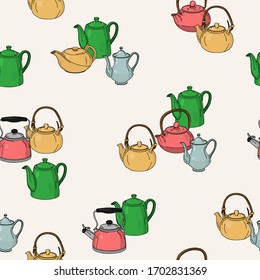 Cute colorful seamless pattern with teapots. Vector.